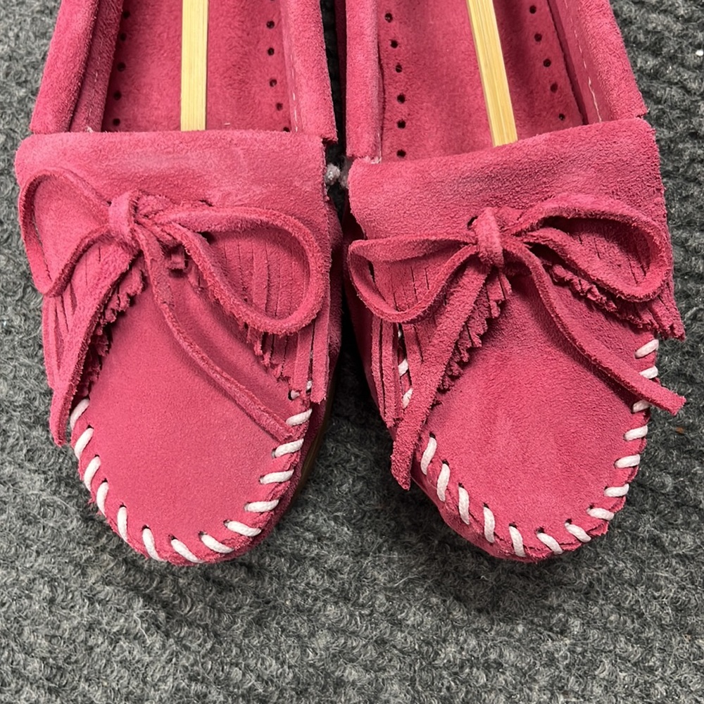Minnetonka Pink Suede Bow Moccasins - Picture 5 of 9